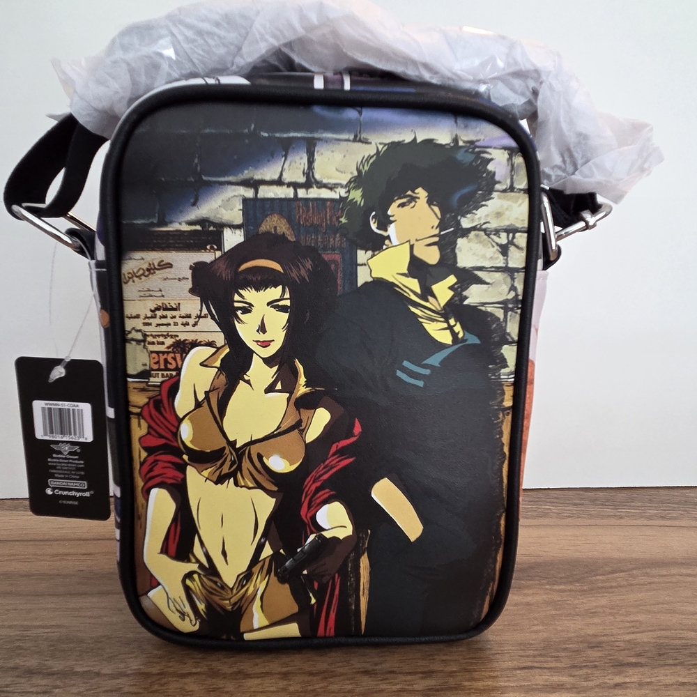 Buckle-Down Black Anime Canvas Crossbody Bag with Yellow, Red and Brown Accents